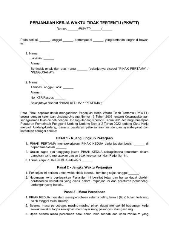 【参考和訳付】PERJANJIAN KERJA WAKTU TIDAK TERTENTU（無期雇用契約書）
