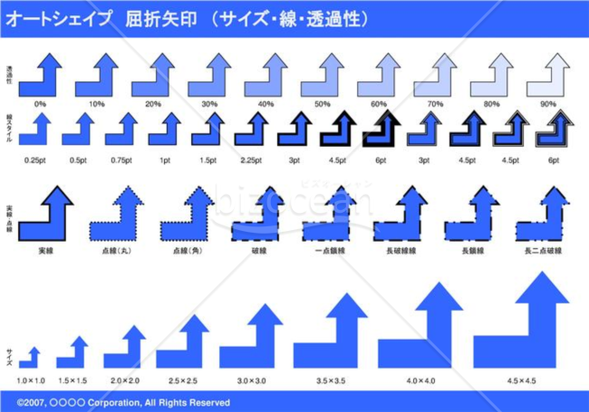 オートシェイプ　屈折矢印　（サイズ・線・透過性）（ブルー）