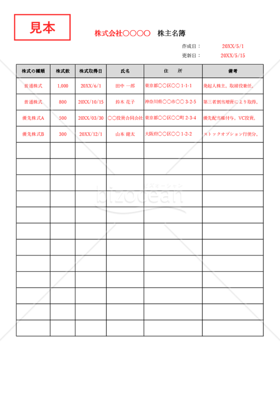 株主名簿（株式種類順）・縦・Excel【見本付き】