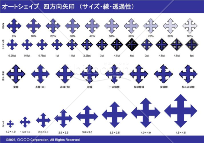 オートシェイプ　四方向矢印　（サイズ・線・透過性）（ネイビー）