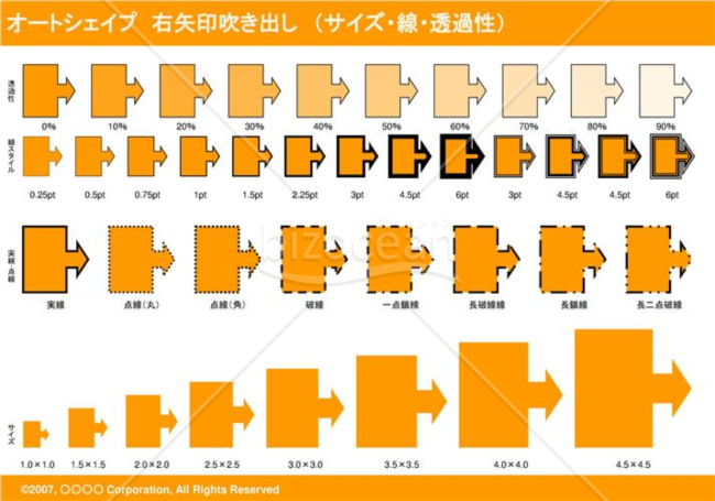 オートシェイプ　右矢印吹き出し　（サイズ・線・透過性）　（オレンジ）