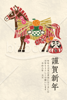 【2026年】版画風の馬とだるまの和風年賀状（年賀状メール素材）