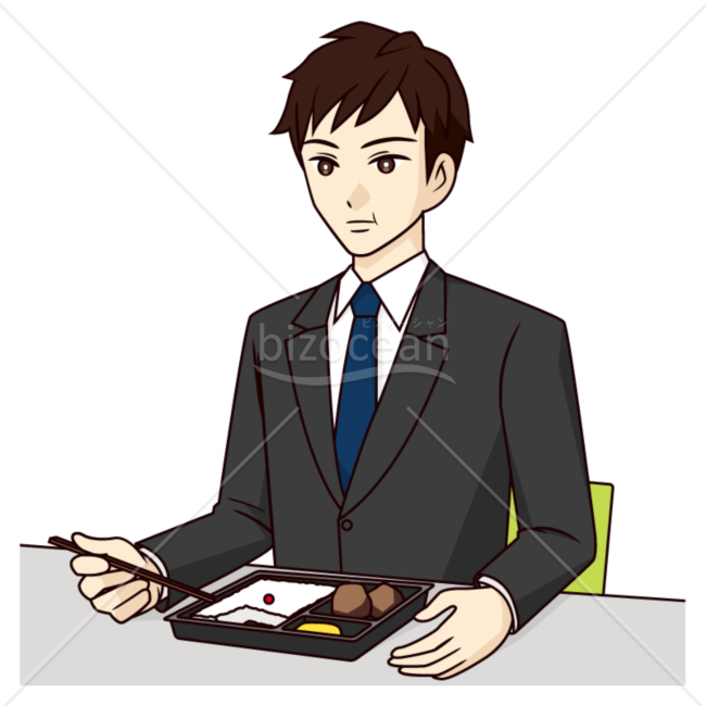 デスクで食事している男性のイラスト