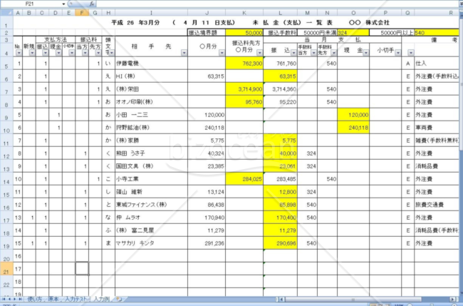 買掛金の一覧表作成