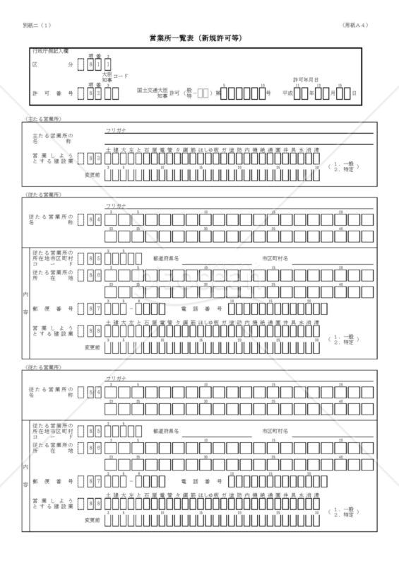 建設業許可申請様式　第一号別紙二（１）【営業所一覧表】