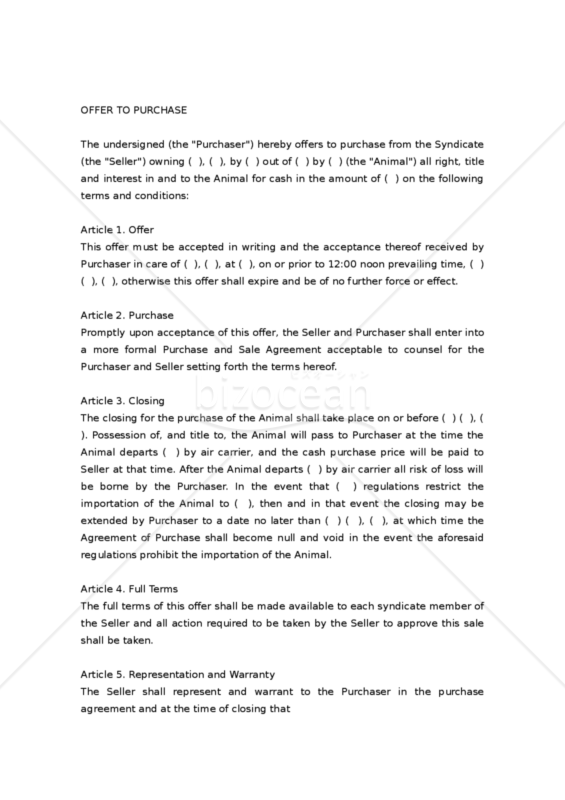 【和・英対訳】購入申込書（動物）(1a032)／OFFER TO PURCHASE
