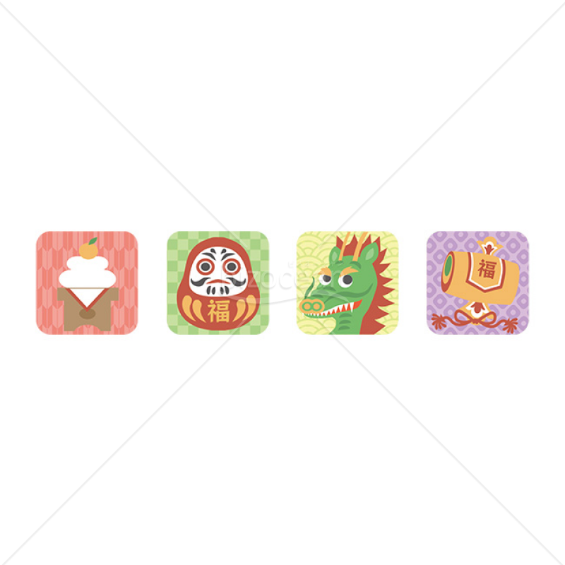 「イラスト」辰と3種のお正月モチーフ