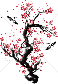 梅の木に鶴が舞うイラスト