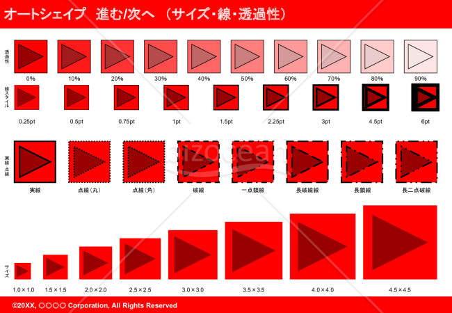 オートシェイプ　進む-次へ（サイズ・線・透過性）（レッド）