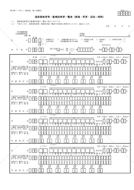 建設業許可申請様式　第十一号の二【国家資格等一覧表】
