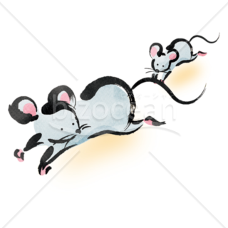 【イラスト】ラフな筆タッチで描かれた走る親子ネズミの素材