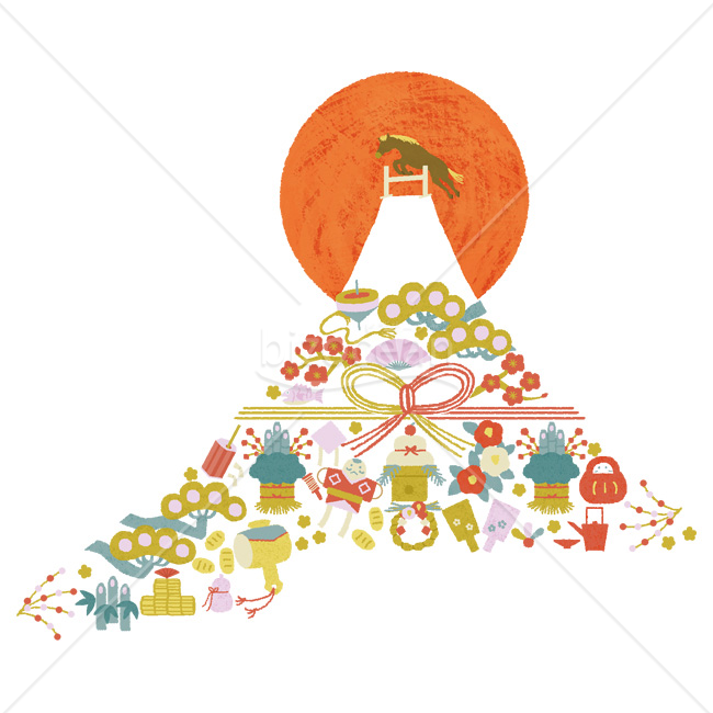【2026年】「イラスト」縁起物で描く富士とご来光と跳ねる馬