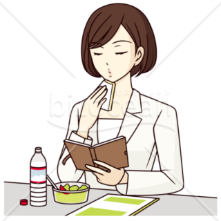 デスクで食事している女性のイラスト