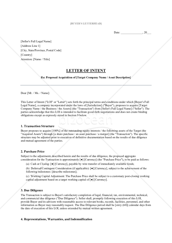 〔参考和訳付〕LETTER OF INTENT（購入意向書）