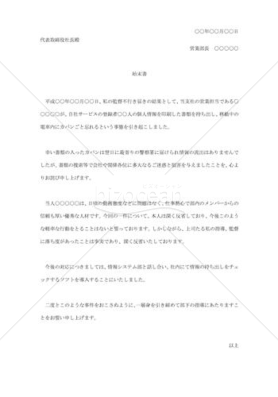 部下のミスによる始末書例文