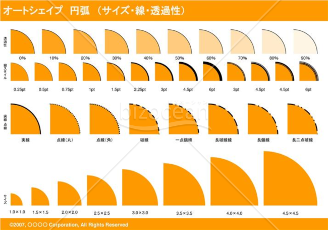 オートシェイプ　円弧　（サイズ・線・透過性）（オレンジ）