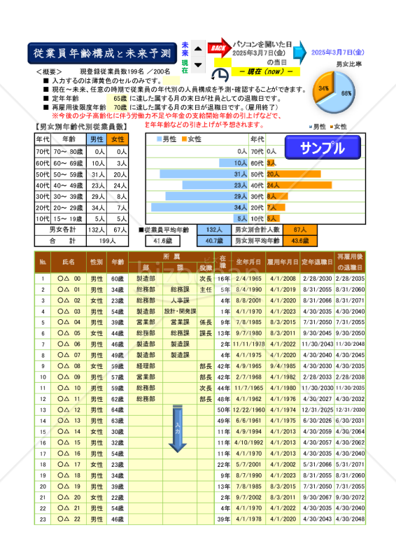 Excel 従業員年齢構成と未来予測（可変式ピラミッドグラフ）