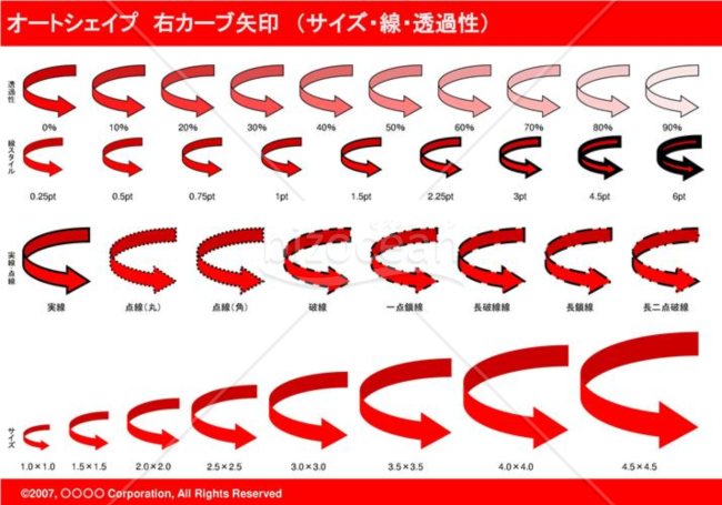 オートシェイプ　右カーブ矢印　（サイズ・線・透過性）（レッド）