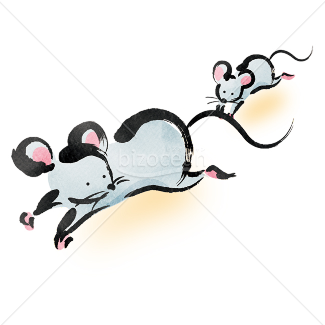 【イラスト】ラフな筆タッチで描かれた走る親子ネズミの素材