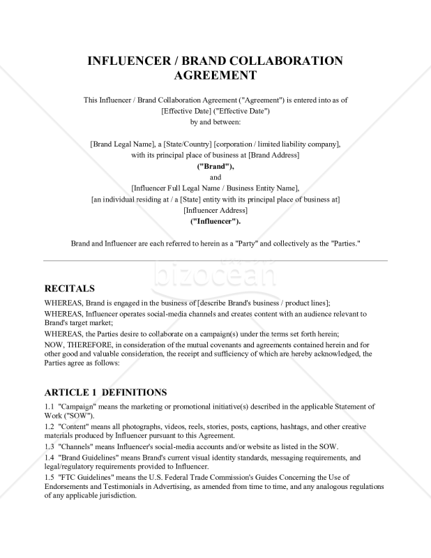 INFLUENCER／BRAND  COLLABORATION AGREEMENT（インフルエンサー／ブランド コラボレーション契約書）