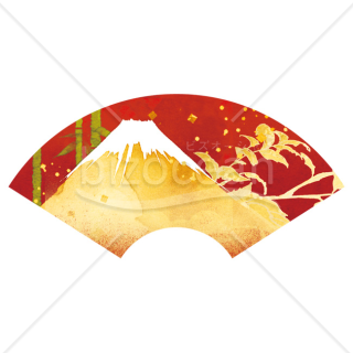 【2026年】「イラスト」赤い扇面に描かれた金富士と竹と葉