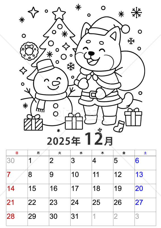 犬サンタとスノーマンのぬり絵カレンダー 2025年12月
