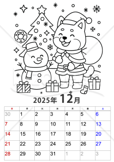 犬サンタとスノーマンのぬり絵カレンダー 2025年12月