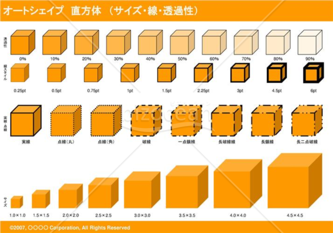 オートシェイプ　直方体　（サイズ・線・透過性）（オレンジ）