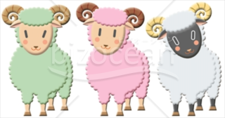 グリーン、ピンク、白の3匹の羊イラスト