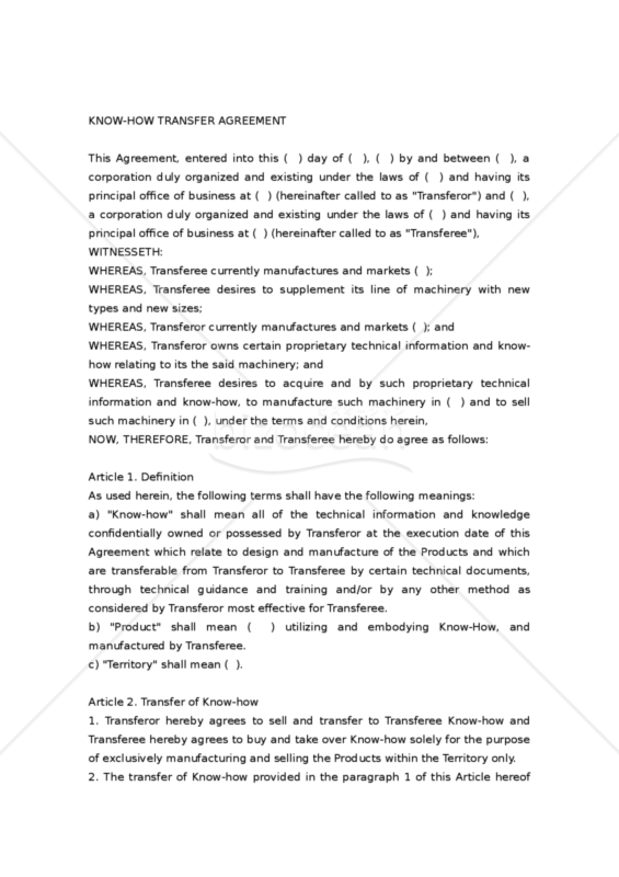 【和・英対訳】知的財産関係契約編 ノウハウ譲渡契約書(5a005)／KNOW-HOW TRANSFER AGREEMENT