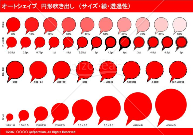 オートシェイプ　円形吹き出し　（サイズ・線・透過性）(レッド)