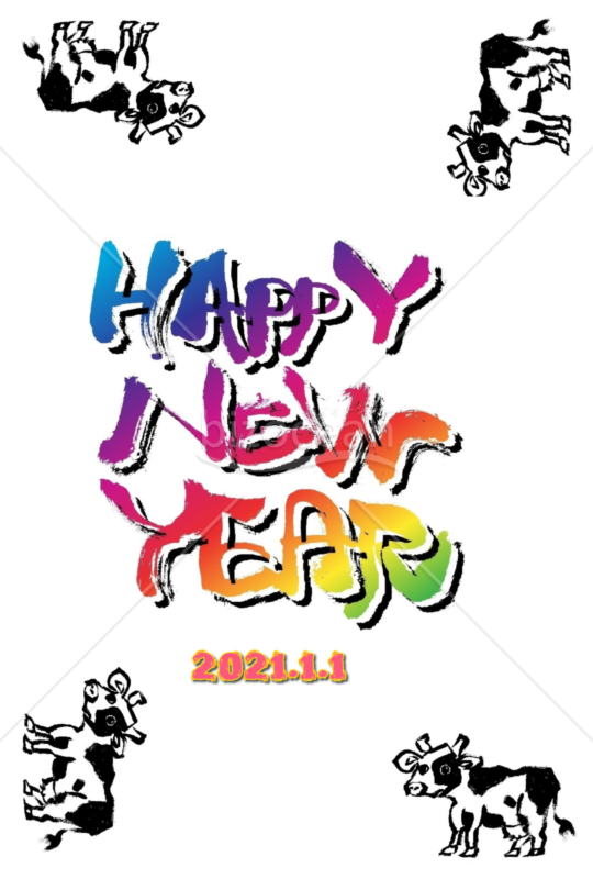 ★四隅の牛とHAPPY NEW YEAR★２０２１年令和３年★年賀状★丑年★