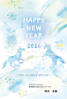 【2026年】馬のシルエットが美しい水彩画風デザインの年賀状