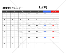 2019年カレンダー　月曜日始まり 12月　エクセル