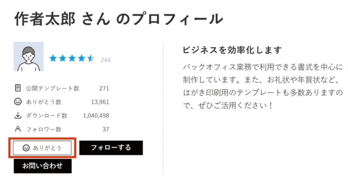 作者プロフィール画面の「ありがとう」ボタン