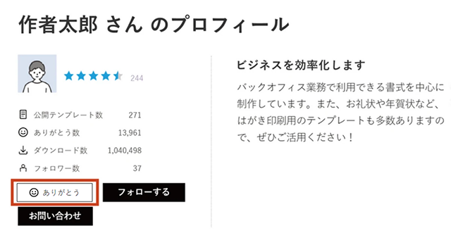 作者プロフィール画面の「ありがとう」ボタン
