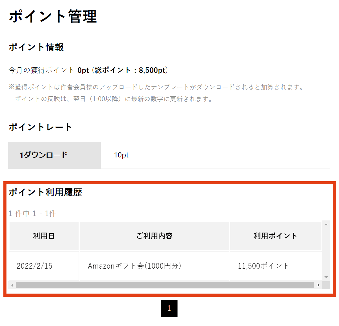 2.ポイント管理ページ内の「ポイント利用履歴」にて「利用日・ご利用内容・利用ポイント数」が確認出来ます。