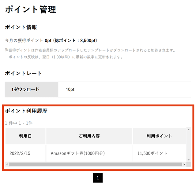 2.ポイント管理ページ内の「ポイント利用履歴」にて「利用日・ご利用内容・利用ポイント数」が確認出来ます。