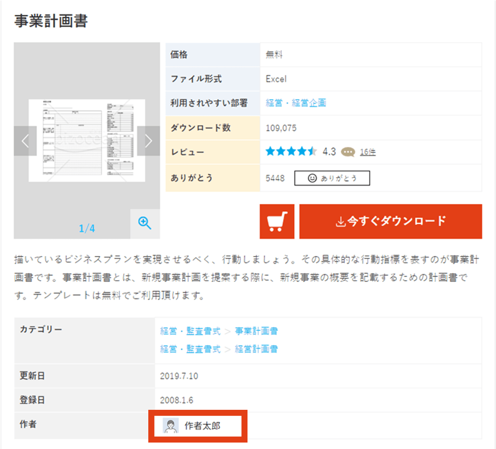 書式詳細ページで作者名のリンクをクリック