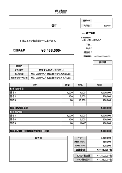 見積書・インボイス制度(適格請求書)対応・縦・Google スプレッドシート