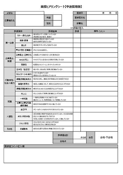 【中途採用】面接チェック表(評価基準や評価項目を記載)